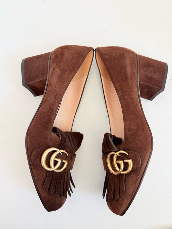 Gucci Dark Chocolate Brown Marmont GG fringe 55mm block heel Loafer pumps EU38.5 - Picture 4 of 11